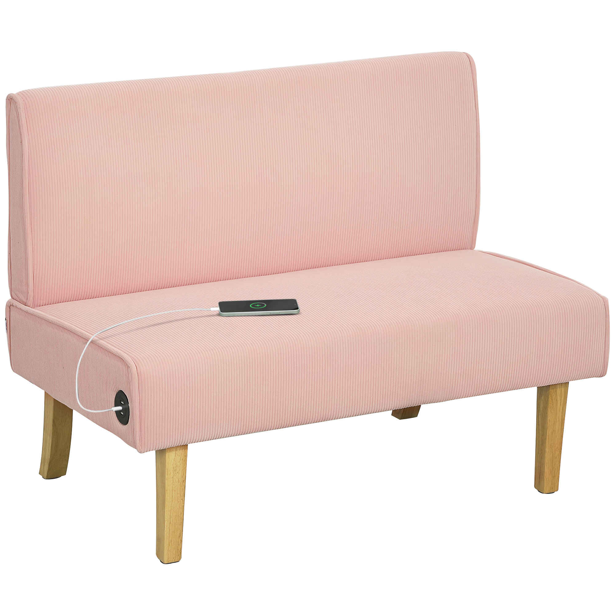 Sofá de 2 Plazas con 2 Puertos USB Tapizado en Pana Sofá de Salón sin Brazos con 1 Puerto Tipo-C Asiento de 20 cm y Patas de Madera Carga 220 kg 110x60x85 cm Rosa