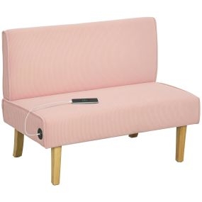 Sofá de 2 Plazas con 2 Puertos USB Tapizado en Pana Sofá de Salón sin Brazos con 1 Puerto Tipo-C Asiento de 20 cm y Patas de Madera Carga 220 kg 110x60x85 cm Rosa