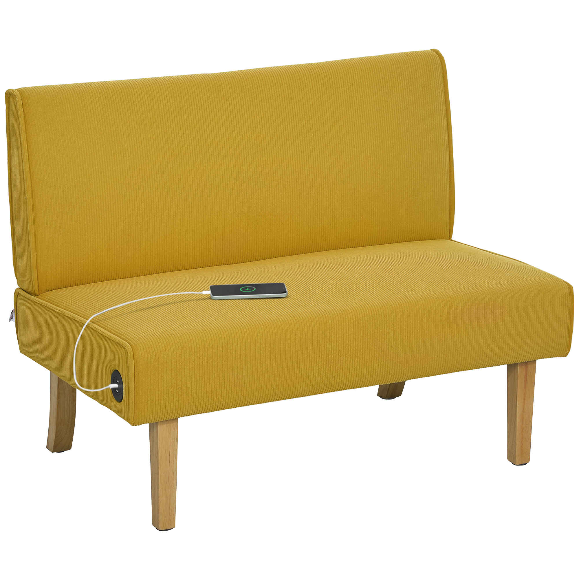 Sofá de 2 Plazas con 2 Puertos USB Tapizado en Pana Sofá de Salón sin Brazos con 1 Puerto Tipo-C Asiento de 20 cm y Patas de Madera Carga 220 kg 110x60x85 cm Amarillo
