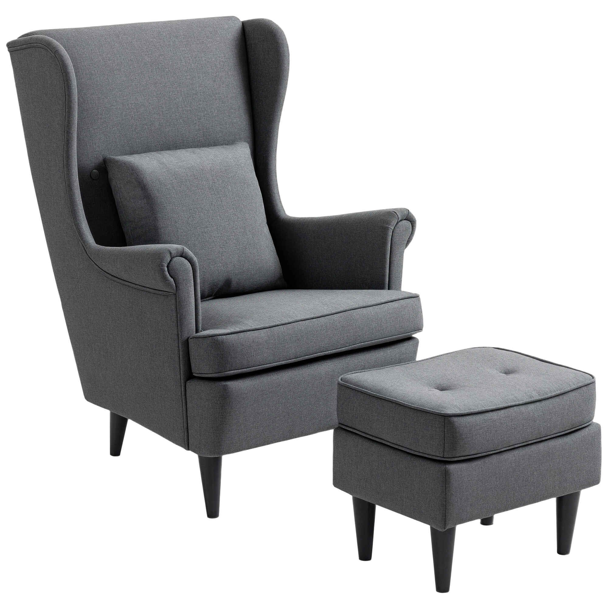 Sillón con Reposapiés Sillón Lectura con Respaldo Alto Capitoné Patas de Madera Almohada Acolchada y Tapizado en Lino Butaca para Salón Dormitorio Oficina Gris Oscuro