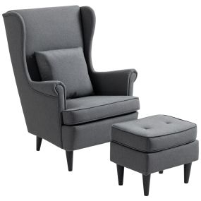 Sillón con Reposapiés Sillón Lectura con Respaldo Alto Capitoné Patas de Madera Almohada Acolchada y Tapizado en Lino Butaca para Salón Dormitorio Oficina Gris Oscuro