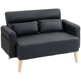 Sofá de 2 Plazas Tapizado en Cuero Sintético Sofá de Salón de 117 cm con Reposabrazos Acolchado Grueso Respaldo Acanalado y Patas de Madera para Dormitorio Sala de Estar Negro