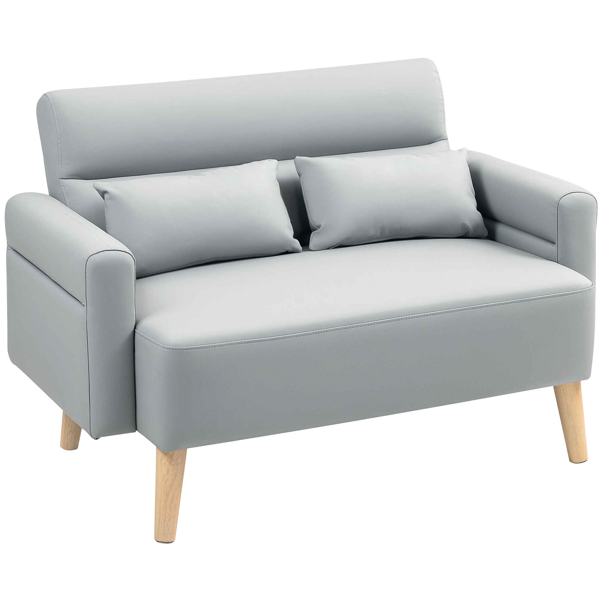 Sofá de 2 Plazas Tapizado en Cuero Sintético Sofá de Salón de 117 cm con Reposabrazos Acolchado Grueso Respaldo Acanalado y Patas de Madera para Dormitorio Sala de Estar Gris