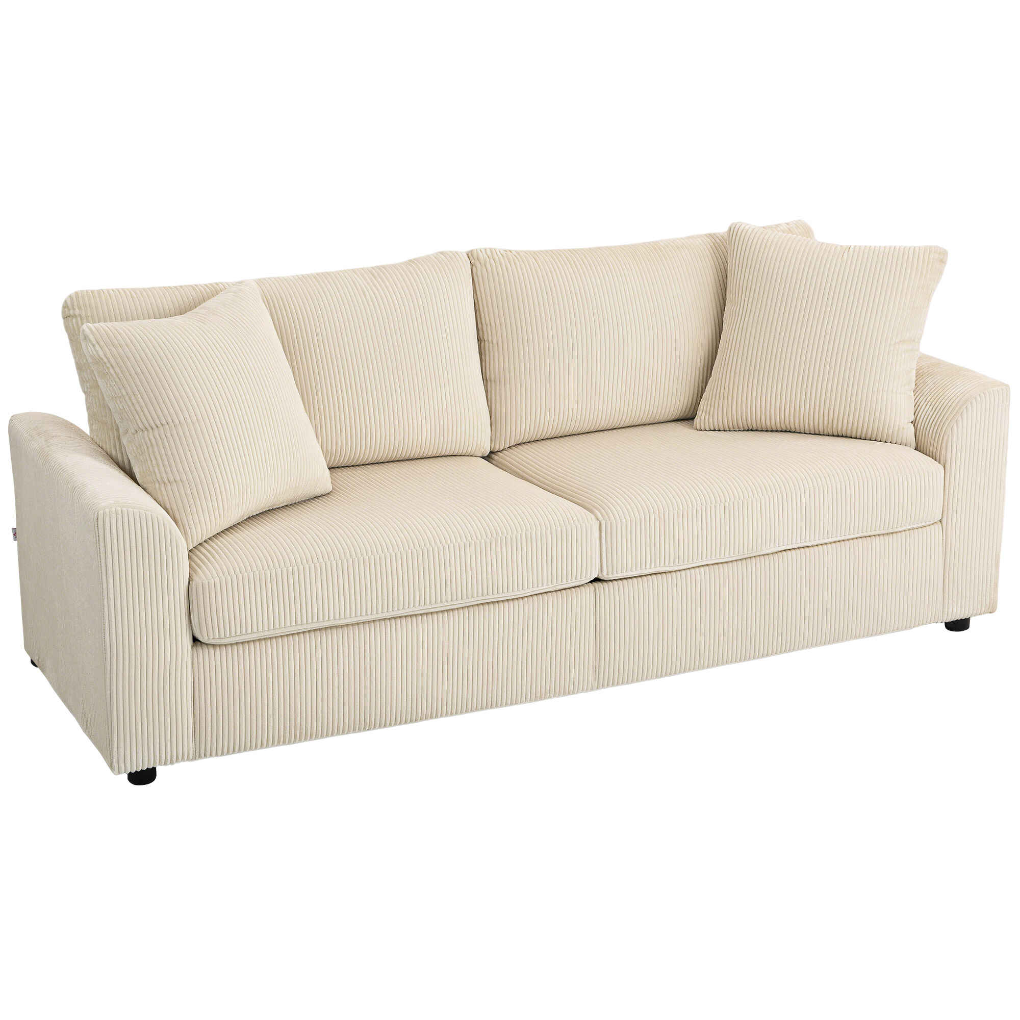 Sofá de 3 Plazas Sofá de Salón 212x80x88 cm Tapizado en Pana con 2 Almohadas Reposabrazos y Cojín de Muelles Diseño Moderno para Sala de Estar Dormitorio Crema