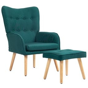 Sillón con Reposapiés Sillón Lectura con Respaldo Alto Capitoné Patas de Madera y Tapizado en Lino Butaca para Salón Dormitorio Oficina Verde Oscuro