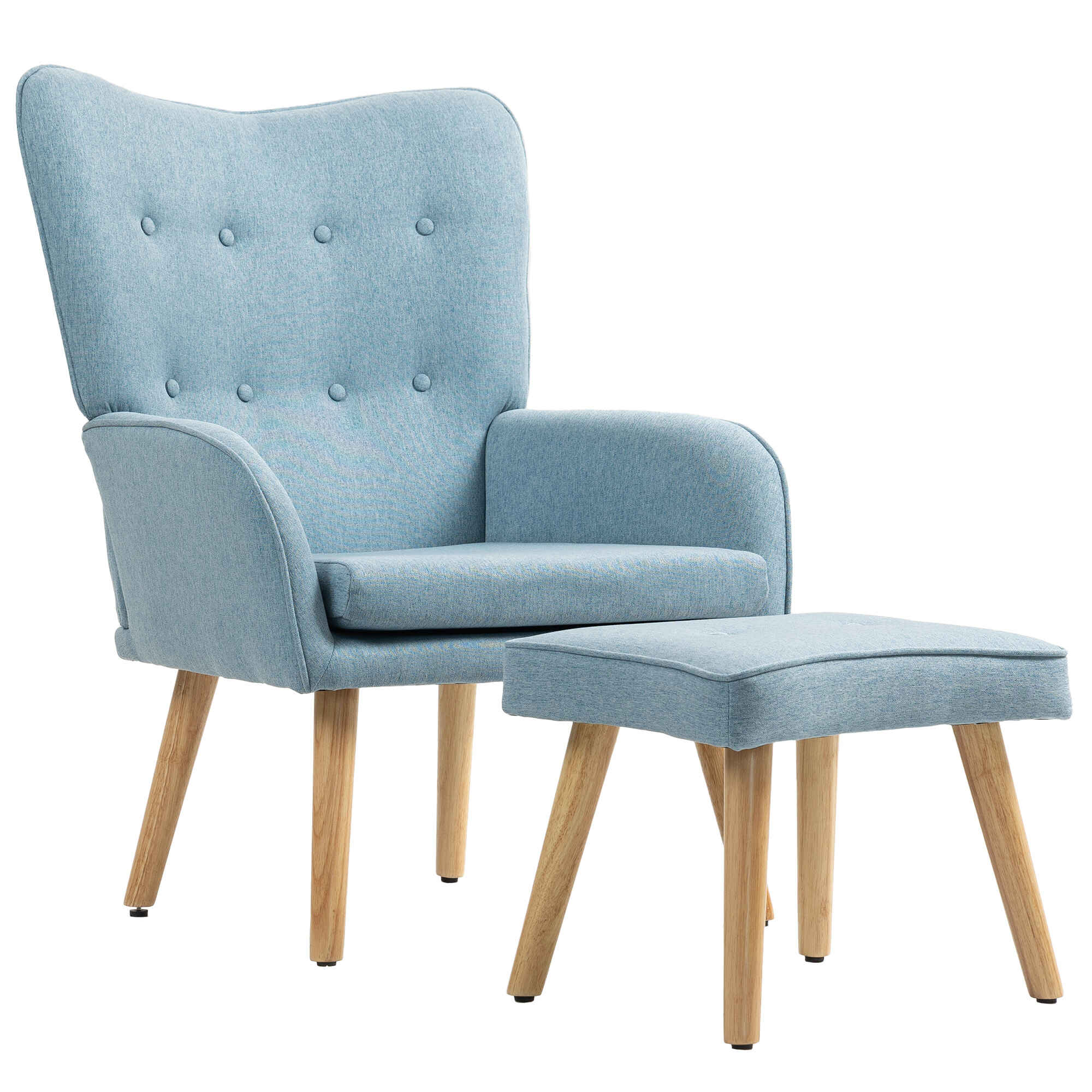 Sillón con Reposapiés Sillón Lectura con Respaldo Alto Capitoné Patas de Madera y Tapizado en Lino Butaca para Salón Dormitorio Oficina Azul Claro