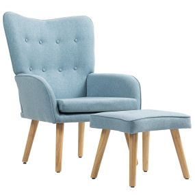 Sillón con Reposapiés Sillón Lectura con Respaldo Alto Capitoné Patas de Madera y Tapizado en Lino Butaca para Salón Dormitorio Oficina Azul Claro