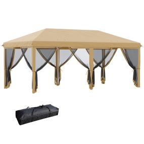 Carpa Plegable Pop-Up Gazebo 6x3 m Cenador Plegable con 6 Paredes Laterales de Malla Anti-UV y Bolsa de Transporte para Camping Fiestas Beige