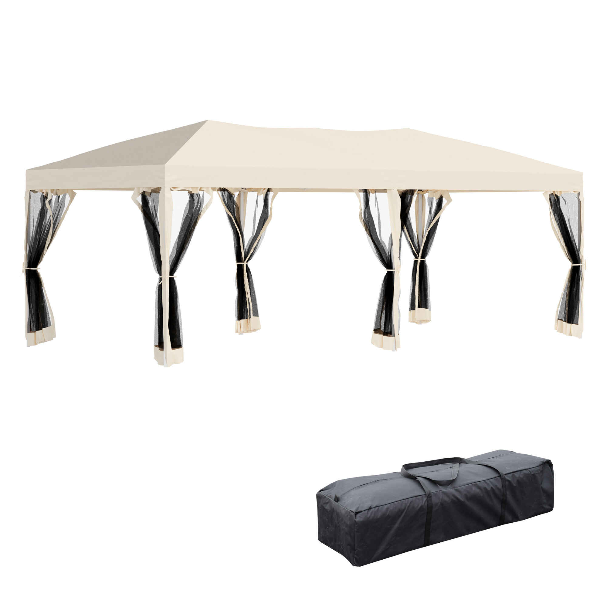 Carpa Plegable 6x3 m Cenador para Jardín Gazebo con 6 Cortinas Mosquitera y Cremallera Bolsa de Transporte Impermeable para Exterior Crema