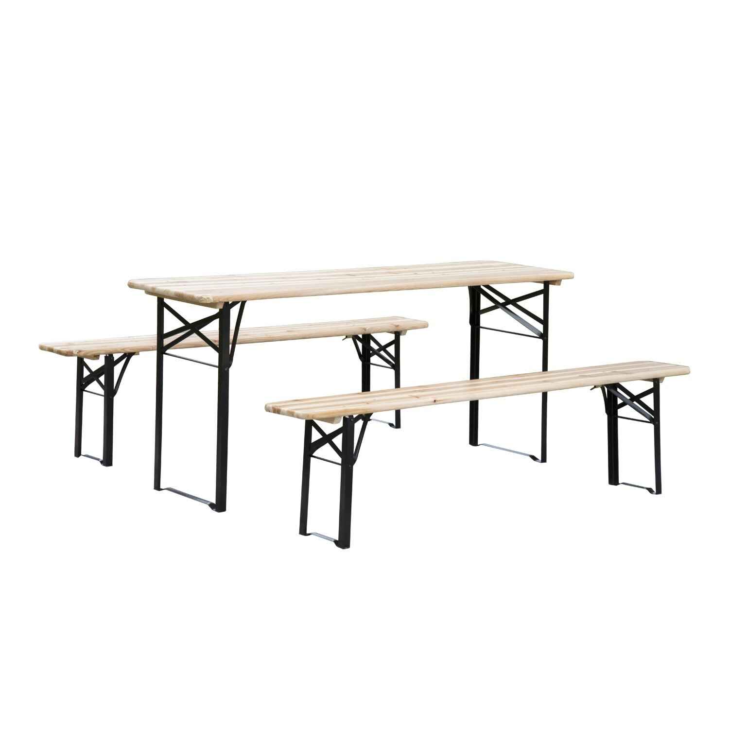 Conjunto Mesa y 2 Bancos Plegables de Jardín Muebles para Camping Picnic Mesa de 180x50x75 cm y Asiento de 180x25x45 cm Madera y Negro