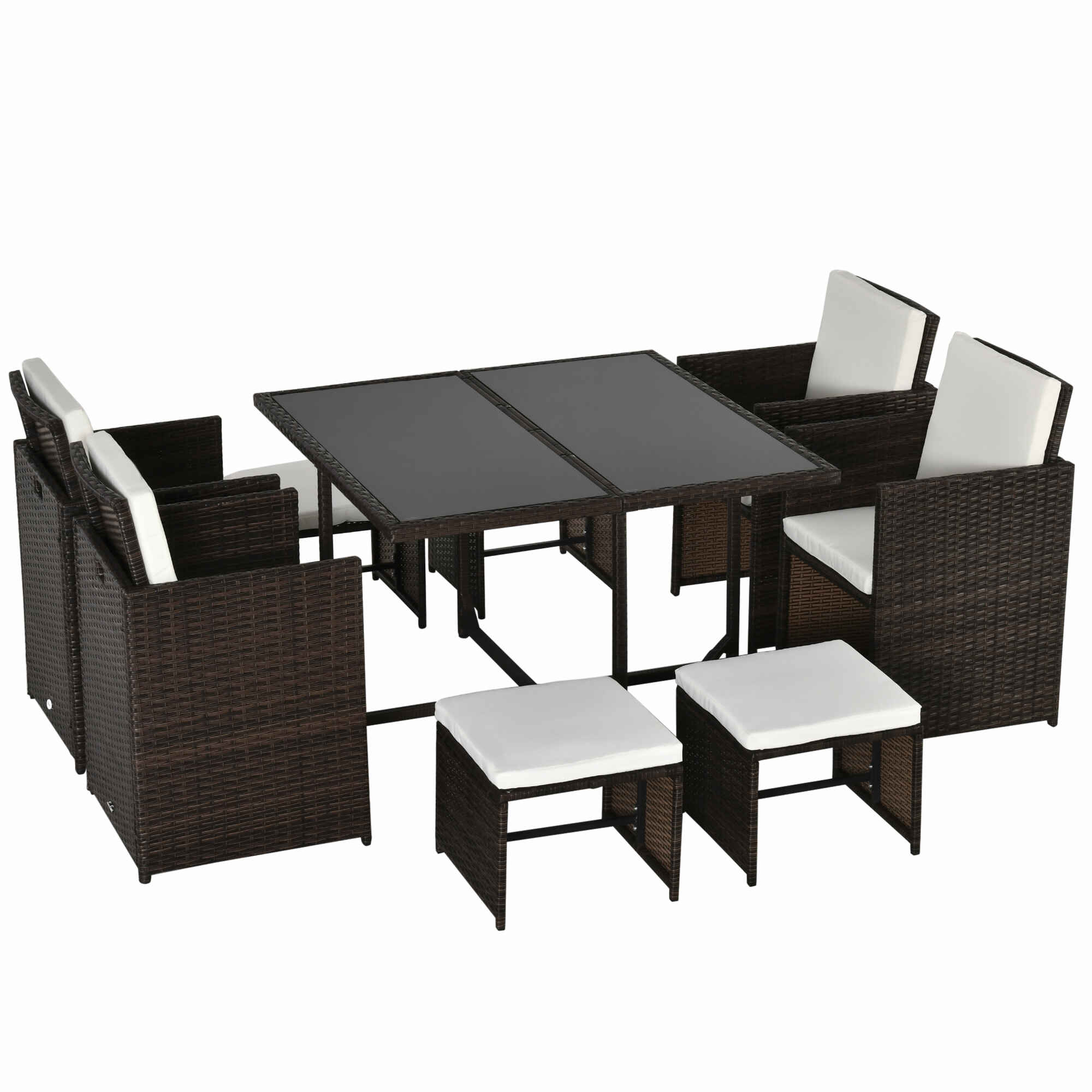 Conjunto de Muebles de Jardín Comedor 9 Piezas de Ratán Apilables con Cojines para Terraza 1 Mesa 4 Sillas y 4 Taburetes de Exterior Elegante Marrón