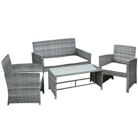 Conjunto de Muebles de Jardín de Ratán 4 Piezas Juego de Muebles de Jardín Incluido 1 Sofá de 2 Plazas 2 Sillones y 1 Mesa de Centro con Tablero de Vidrio para Terraza Gris