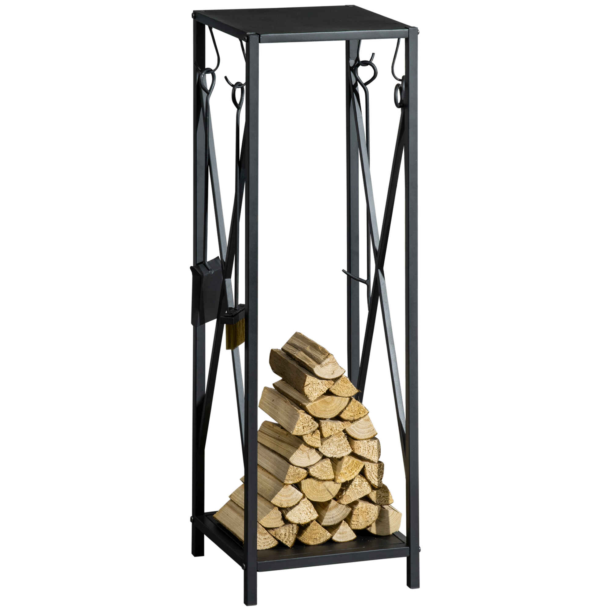 Soporte para Leña Estante de Leña Metálico Leñero de Exterior con Ganchos Pala Cepillo Atizador y Tenazas Carga 65 kg 34x34x111 cm Negro