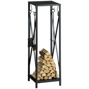 Soporte para Leña Estante de Leña Metálico Leñero de Exterior con Ganchos Pala Cepillo Atizador y Tenazas Carga 65 kg 34x34x111 cm Negro