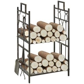 Soporte para Leña de Metal de 2 Niveles Estante para Leña con 4 Herramientas y Asas para Chimenea para Interior y Exterior 51,5x33x77 cm Negro Dorado