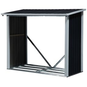 Casetilla para Leña de Acero Galvanizado Cobertizo Leñero Almacenaje con Imbornal para Jardín Exteriores con Techo Inclinado 182x89x136/148 cm Gris Oscuro