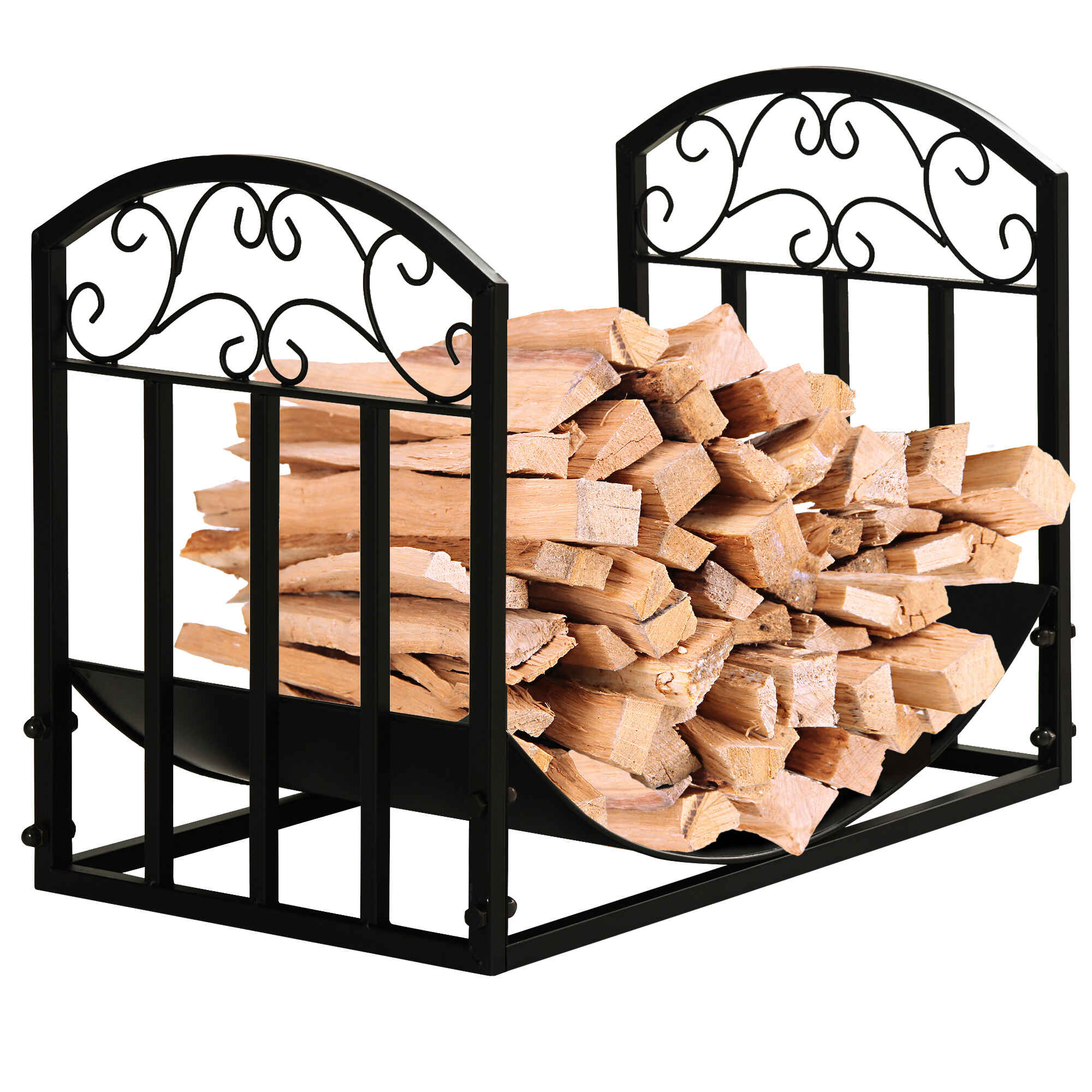 Soporte para Leña Estante de Leña Leñero de Metal con Estante Curvo Carga 60 kg para Interior y Exterior 60,5x36x46,5 cm Negro