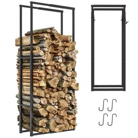 Soporte para Leña Extensible Estante de Leña Metálico Leñero con 4 Ganchos Carga 100 kg para Interior y Exterior 40-65x25x100-150 cm Negro
