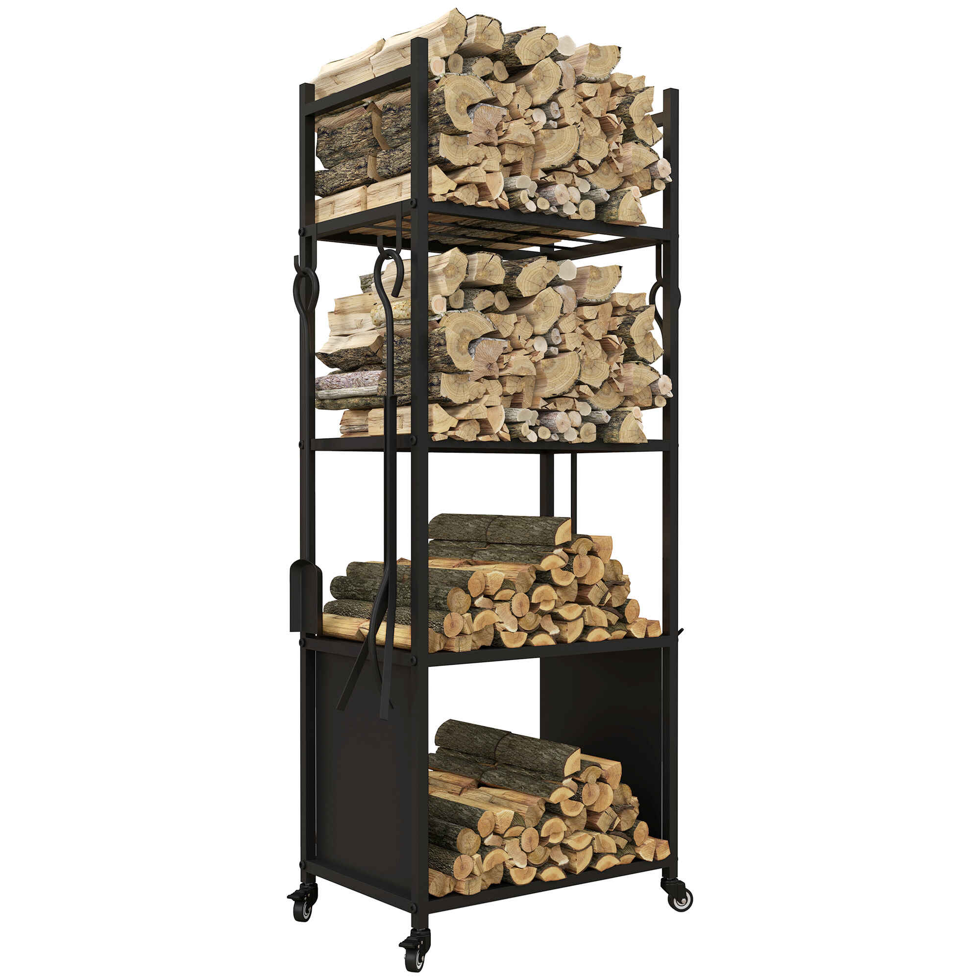 Leñero con Ruedas Soporte para Leña de 4 Niveles Estante de Leña con Pala Atizador Cepillo Tenazas para Interior y Exterior 45x30x118 cm Negro