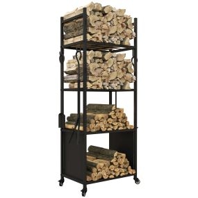Leñero con Ruedas Soporte para Leña de 4 Niveles Estante de Leña con Pala Atizador Cepillo Tenazas para Interior y Exterior 45x30x118 cm Negro