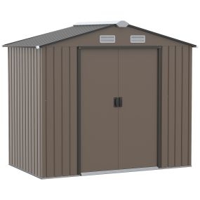 Cobertizo de Jardín con Base de Refuerzo Sin Suelo 213x130x185 cm 2,5m² Caseta de Jardín Exterior con 2 Puertas Correderas y 4 Ventanas para Almacenamiento de Herramientas Marrón