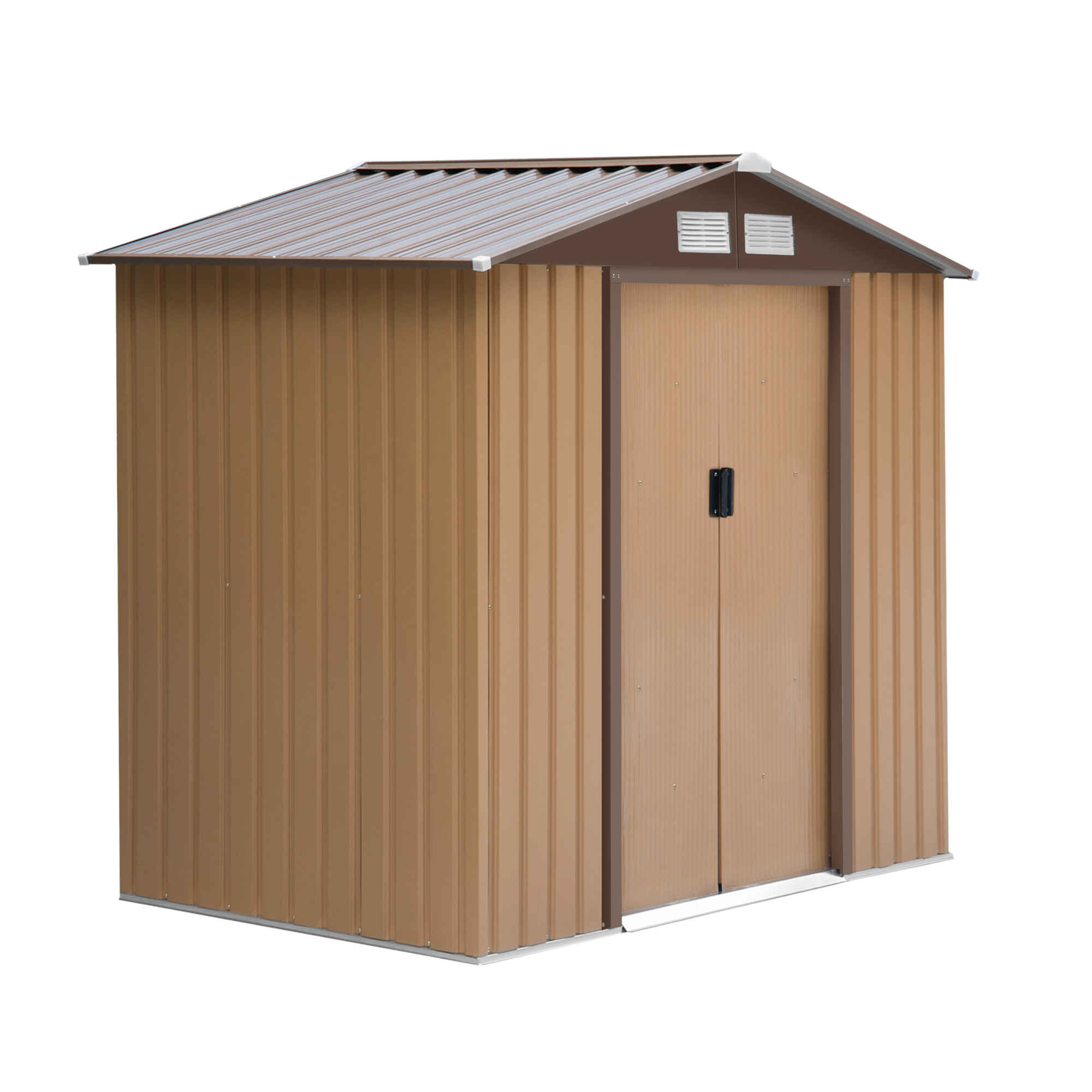 Cobertizo de Jardín con Base de Refuerzo Sin Suelo 213x130x185 cm 2,42m² Caseta de Jardín Exterior con 2 Puertas Correderas y 4 Ventanas para Almacenamiento de Herramientas Caqui