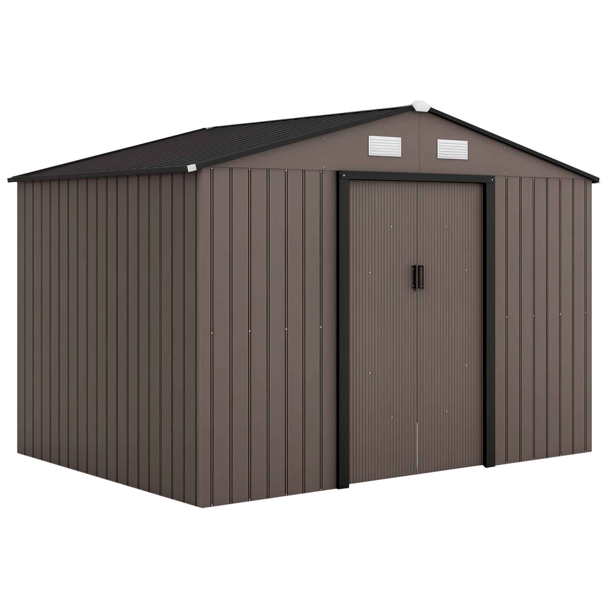 Caseta de Jardín Exterior 4,9 m² 277x195x192 cm Efecto Madera Cobertizo de Jardín Exterior con Puerta Corredera Techo Inclinado Base Refuerzo (Suelo NO Incluido) y 4 Ventanas Marrón