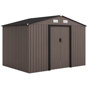 Caseta de Jardín Exterior 4,9 m² 277x195x192 cm Efecto Madera Cobertizo de Jardín Exterior con Puerta Corredera Techo Inclinado Base Refuerzo (Suelo NO Incluido) y 4 Ventanas Marrón