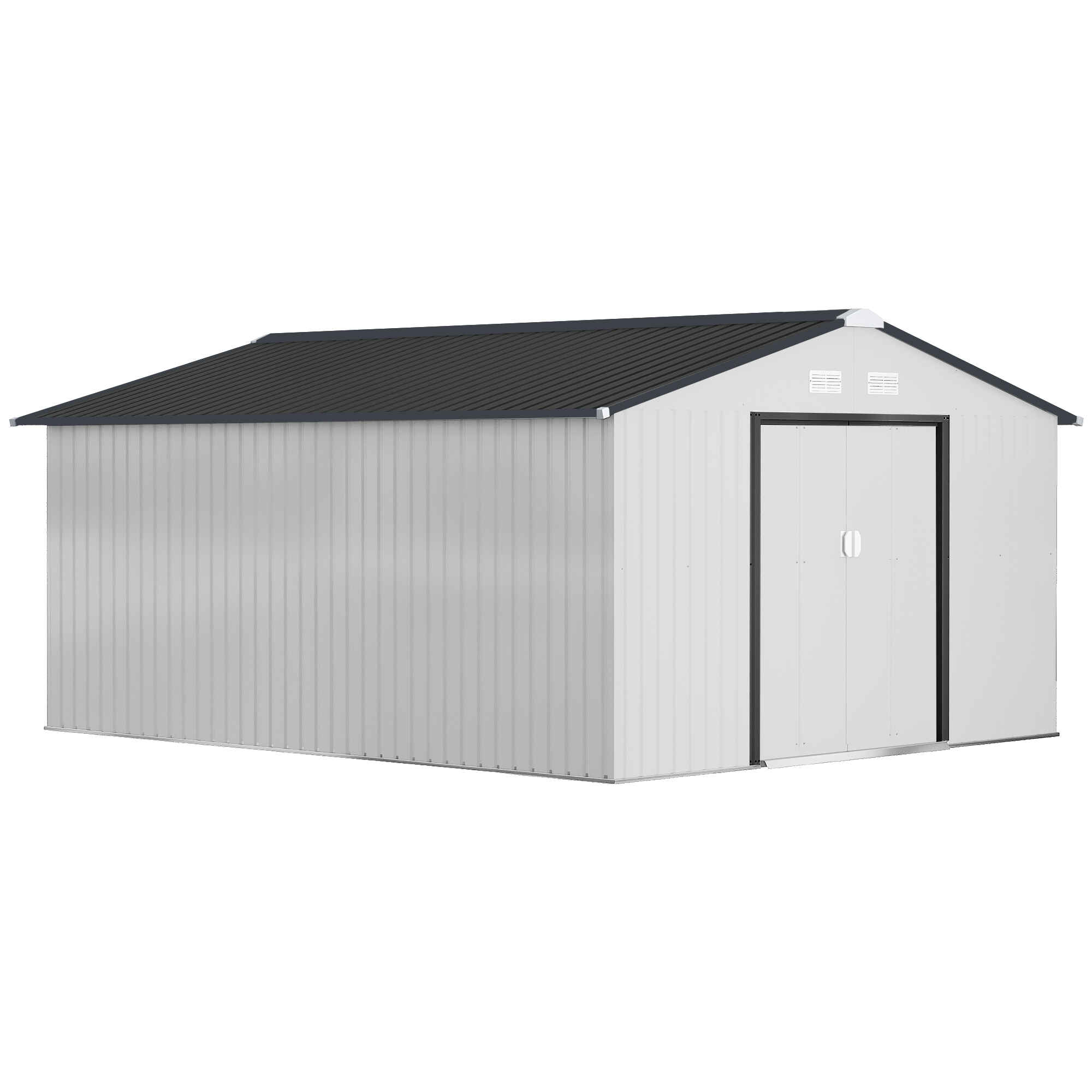 Caseta de Jardín Exterior 12,4 m² 340x386x200 cm Cobertizo de Jardín Exterior con Puerta Corredera Techo Inclinado y 4 Ventanas para Patio Terraza Blanco