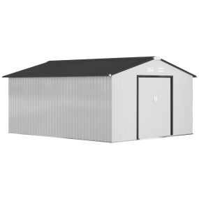 Caseta de Jardín Exterior 12,4 m² 340x386x200 cm Cobertizo de Jardín Exterior con Puerta Corredera Techo Inclinado y 4 Ventanas para Patio Terraza Blanco