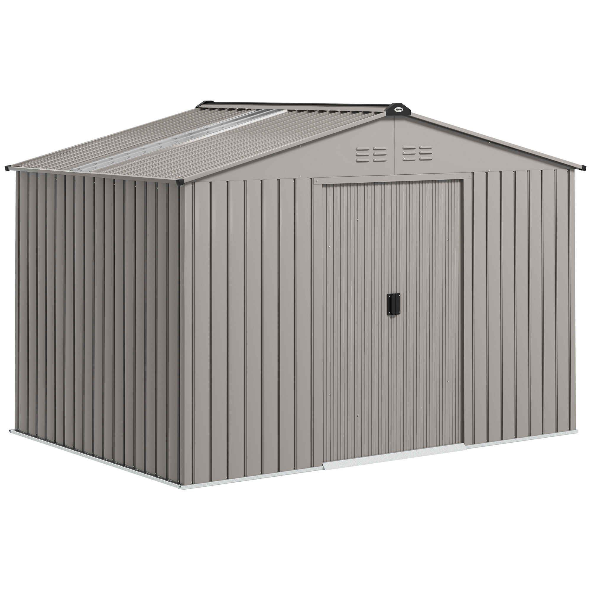 Caseta de Jardín Exterior 4,9 m² 277x195x192 cm Cobertizo de Jardín Exterior con Puerta Corredera Techo Inclinado Base Refuerzo (Suelo NO Incluido) y 4 Ventanas para Patio Terraza Gris Plata
