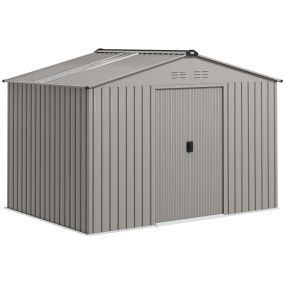 Caseta de Jardín Exterior 4,9 m² 277x195x192 cm Cobertizo de Jardín Exterior con Puerta Corredera Techo Inclinado Base Refuerzo (Suelo NO Incluido) y 4 Ventanas para Patio Terraza Gris Plata