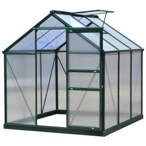 Invernadero de Jardín 2x2 m Policarbonato y Aluminio Vivero Casero con Tragaluz Protección UV30 y Base 3,65 m² para Macetas Cultivo Plantas Flores Transparente