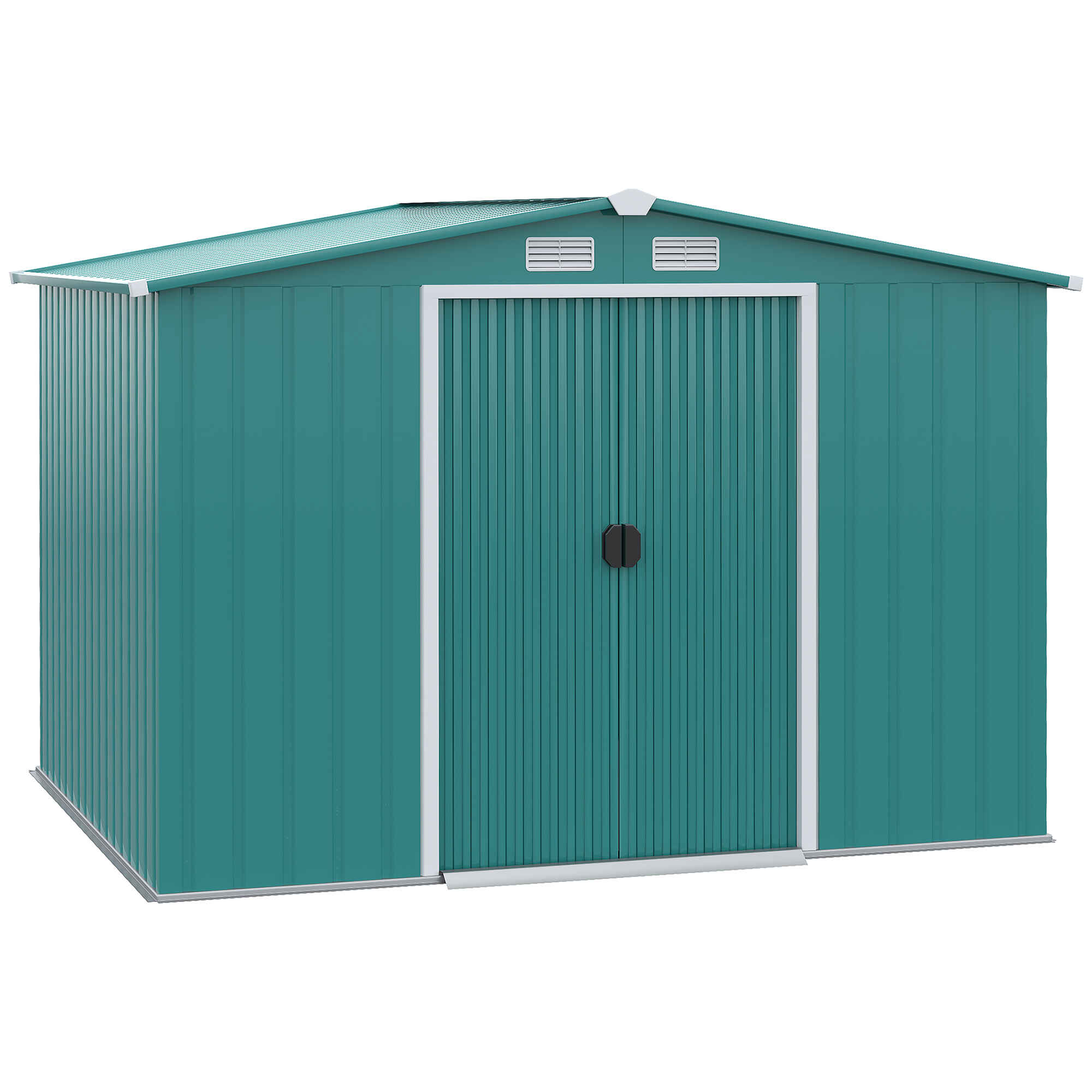 Cobertizo de Jardín 260x206x179 cm con Base de 4,7m² Caseta Metálica con Puertas Correderas y Ventilaciones para Almacenamiento de Herramientas Jardinería Verde