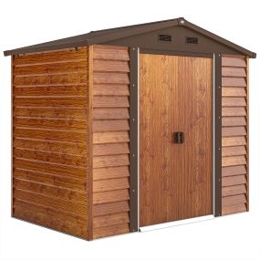 Caseta de Jardín Exterior 3 m² 235,7x152x208,7 cm Cobertizo de Jardín Exterior Metálica con 2 Puertas Corredizas y 4 Ventanas para Almacenamiento de Herramientas Efecto Madera Natural y Café