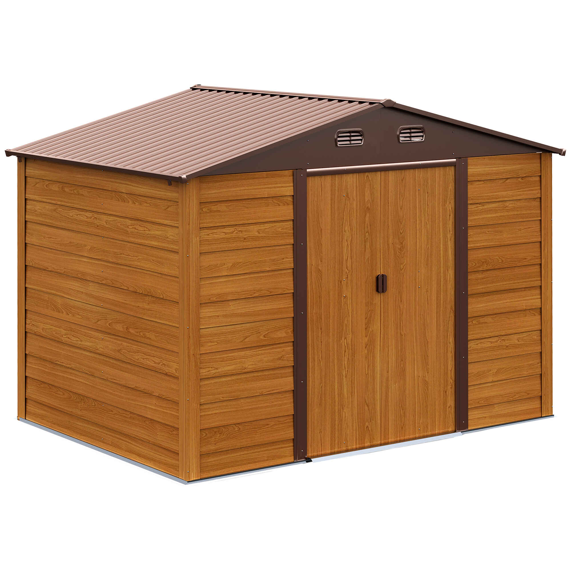 Cobertizo de Jardín Exterior 4,84 m² 278x195x215 cm Caseta de Jardín Metálica con 2 Puertas Corredizas y 4 Ventanas para Almacenamiento de Herramientas Efecto Madera Natural