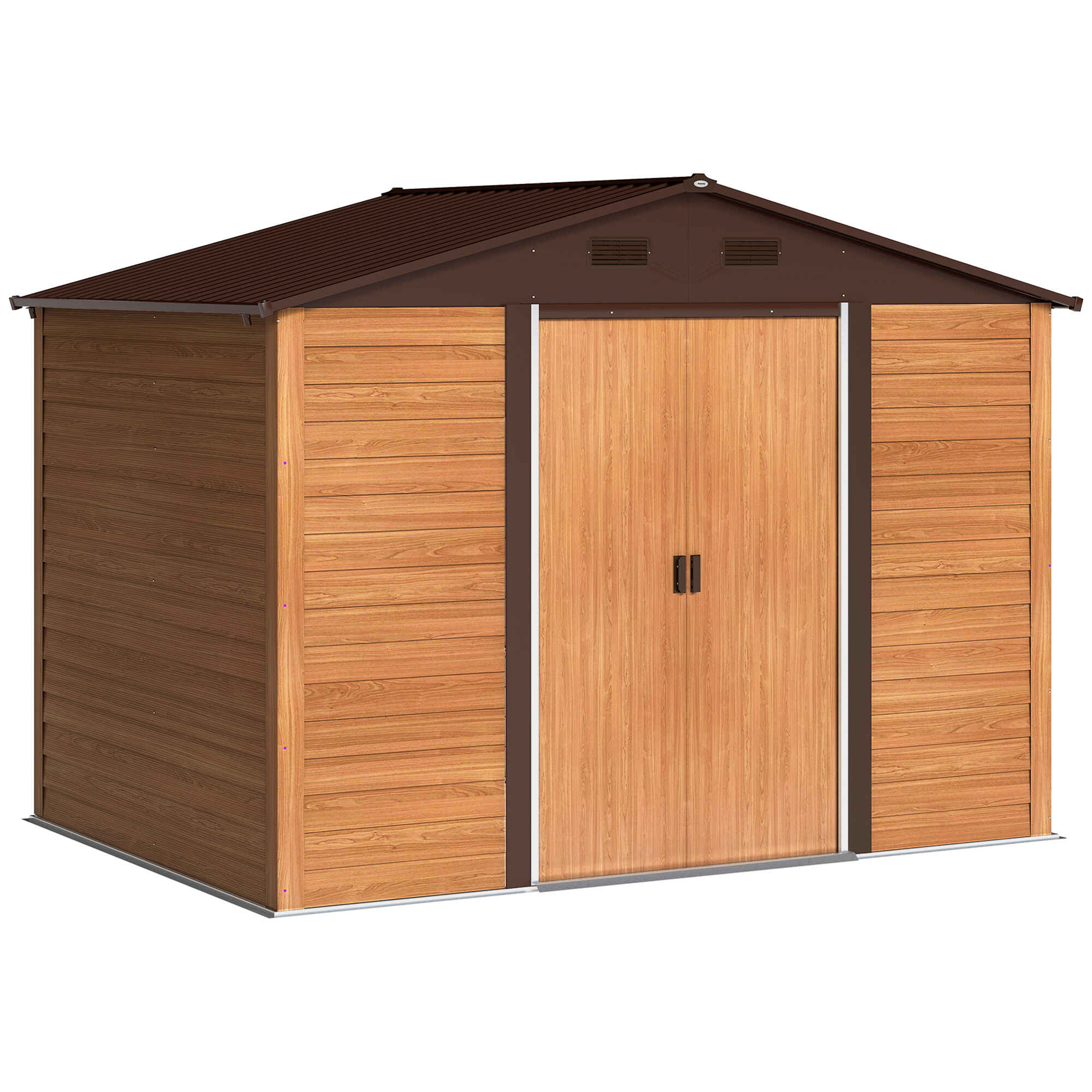 Caseta de Jardín Exterior 4,84 m² 278x195x215 cm Cobertizo de Jardín Exterior Metálica con 2 Puertas Corredizas y 4 Ventanas para Almacenamiento de Herramientas Efecto Madera Natural y Café