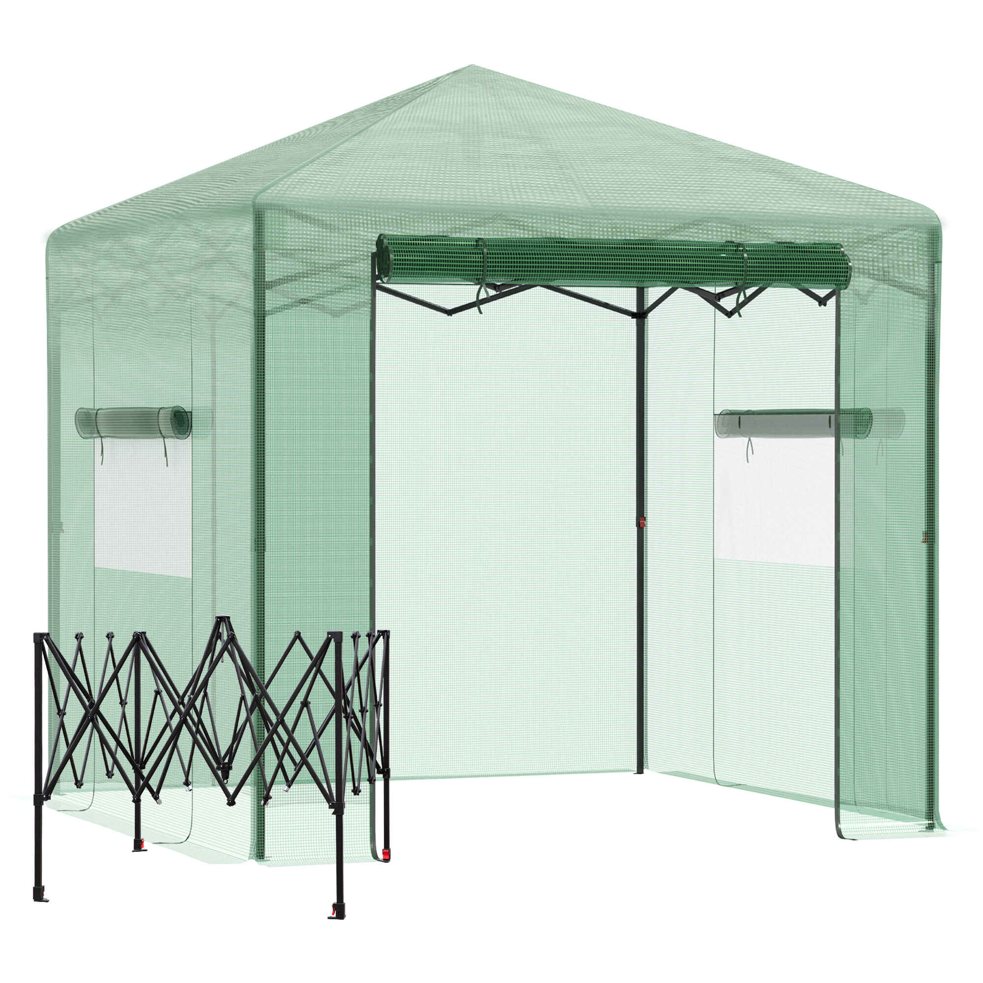 Invernadero de Jardín Plegable 240x180x240 cm Caseta Vivero para Cultivos Plantas Flores con 2 Ventanas y Puerta con Cremallera de Acero y PE Verde