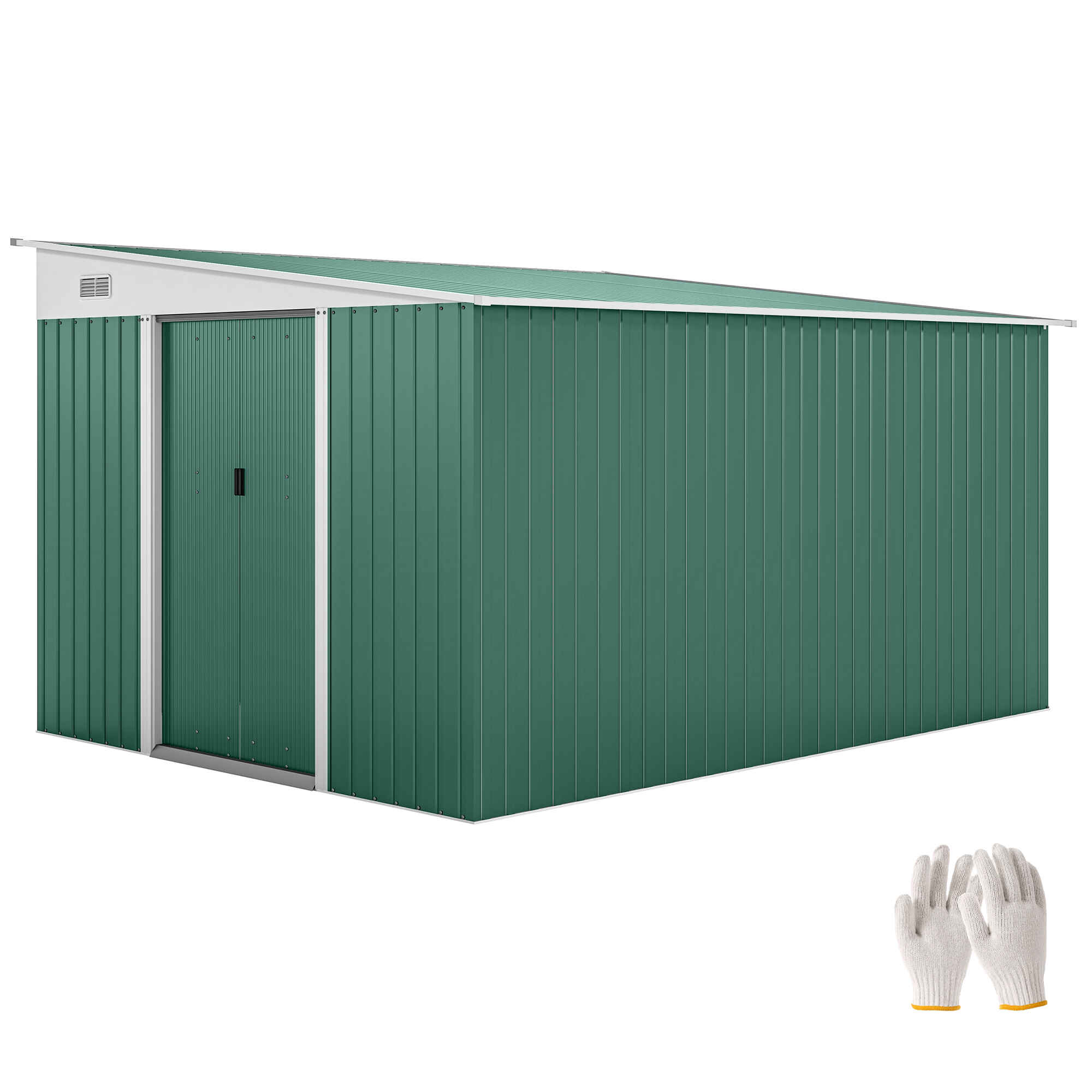 Cobertizo de Jardín Exterior 8,9 m² 280x345x201 cm Caseta de Jardín Exterior Metálica con 2 Puertas Corredizas y 2 Ventanas para Almacenamiento de Herramientas Verde
