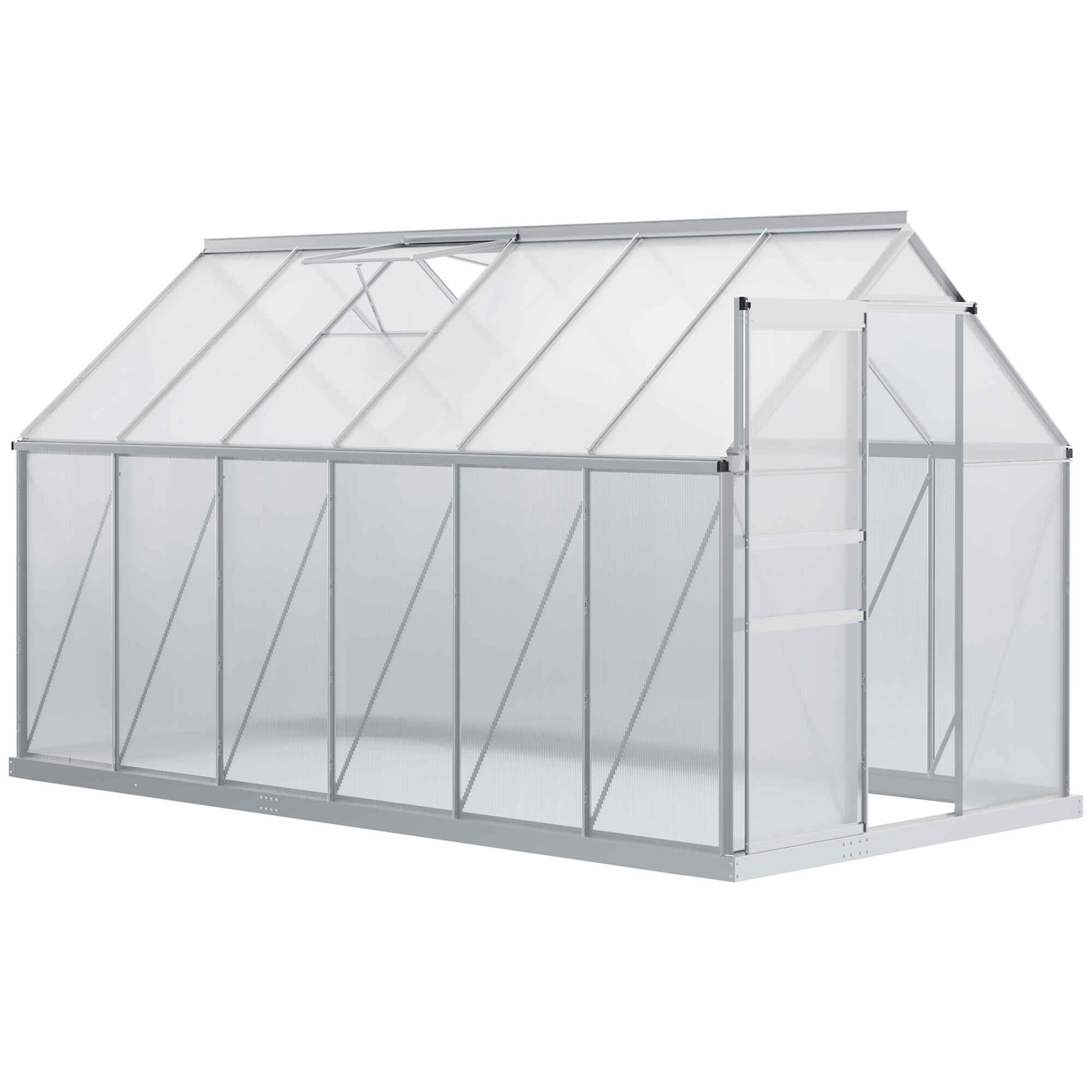 Invernadero Policarbonato Aluminio de Jardín 190x375x199 cm 7,1m² Caseta de Exterior con Base Puerta Corredera y 2 Tragaluces para Cultivo Plantas Semillas Transparente