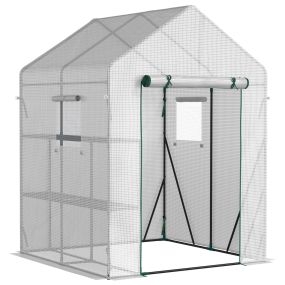 Invernadero de Jardín 143x143x195 cm Vivero Casero de Acero con 4 Estantes Puerta y 2 Ventanas Enrollables para Cultivos Plantas Macetas Flores Patio Exterior Blanco