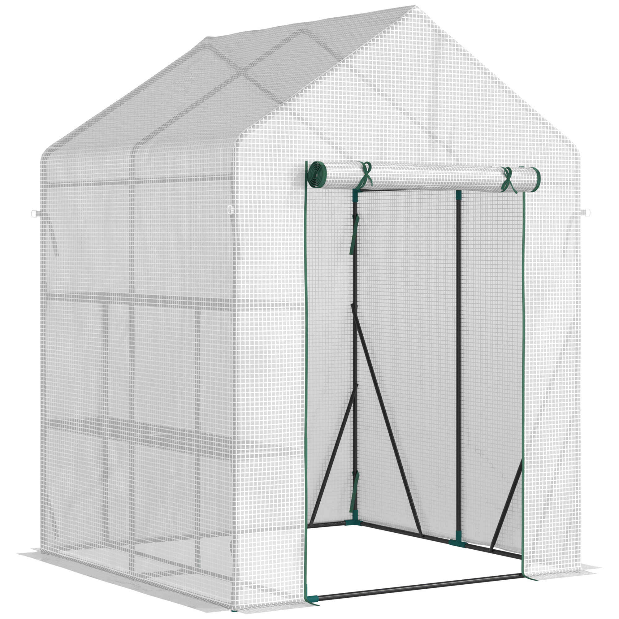Invernadero de Exterior Invernadero Pequeño con 4 Estantes Puerta Enrollable con Cremallera y Marco de Acero Invernadero para Cultivos Plantas Flores 143x143x195 cm Blanco