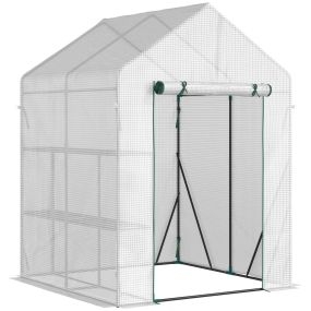 Invernadero de Exterior Invernadero Pequeño con 4 Estantes Puerta Enrollable con Cremallera y Marco de Acero Invernadero para Cultivos Plantas Flores 143x143x195 cm Blanco