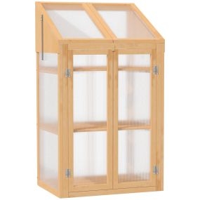 Invernadero de Madera con Paneles de Policarbonato Invernadero de Jardín Vivero Casero con Tapa Abatible 2 Puertas y 3 Estantes para Cultivo Plantas Flores Terraza Patio 70x50x120 cm Natural