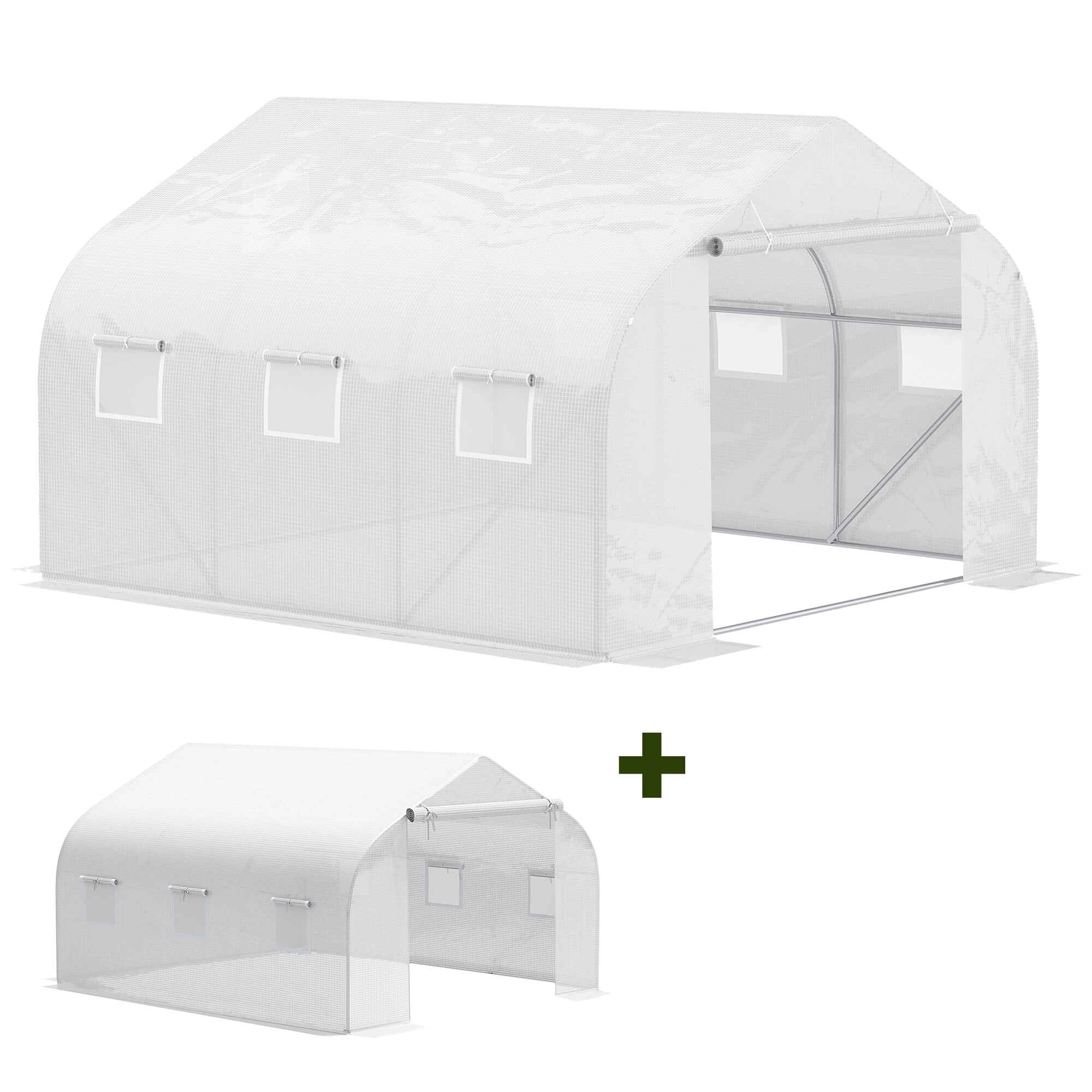 Conjunto de Invernadero de Túnel y Cubierta de Repuesto con Puerta y 6 Ventanas Enrollables Anti-UV para Cultivos Plantas Flores 3,5x3x2 m Blanco