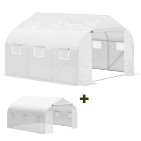 Conjunto de Invernadero de Túnel y Cubierta de Repuesto con Puerta y 6 Ventanas Enrollables Anti-UV para Cultivos Plantas Flores 3,5x3x2 m Blanco