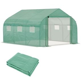 Conjunto de Invernadero de Túnel y Cubierta de Repuesto con Puerta y 6 Ventanas Enrollables para Cultivos Plantas Flores 3,5x3x2 m Verde