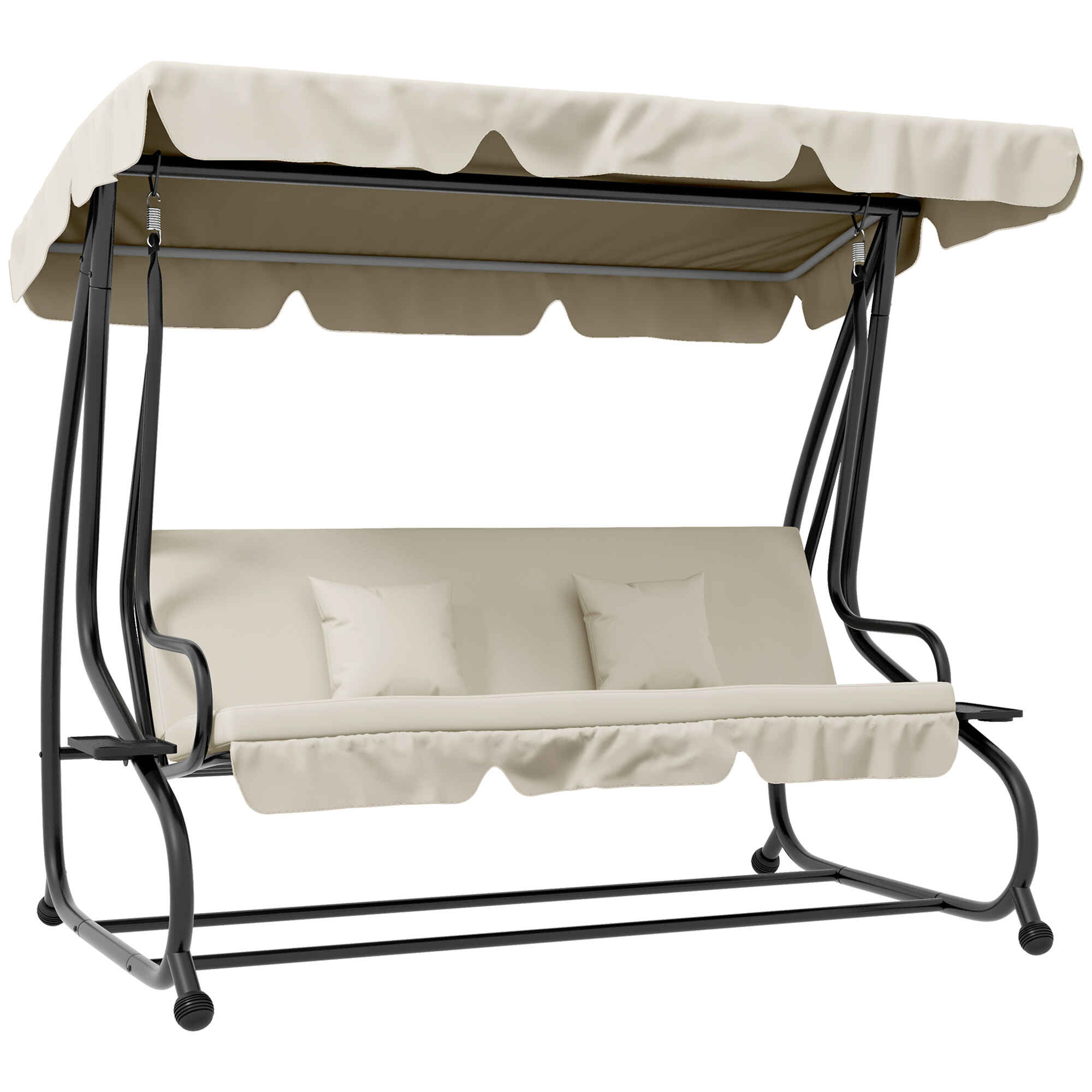 Balancín de Jardín Exterior de 3 Plazas Columpio de Jardín Exterior Convertible en Cama con Toldo Ajustable Soportes Laterales y 2 Almohadas Carga 340 kg 200x120x164 cm Crema
