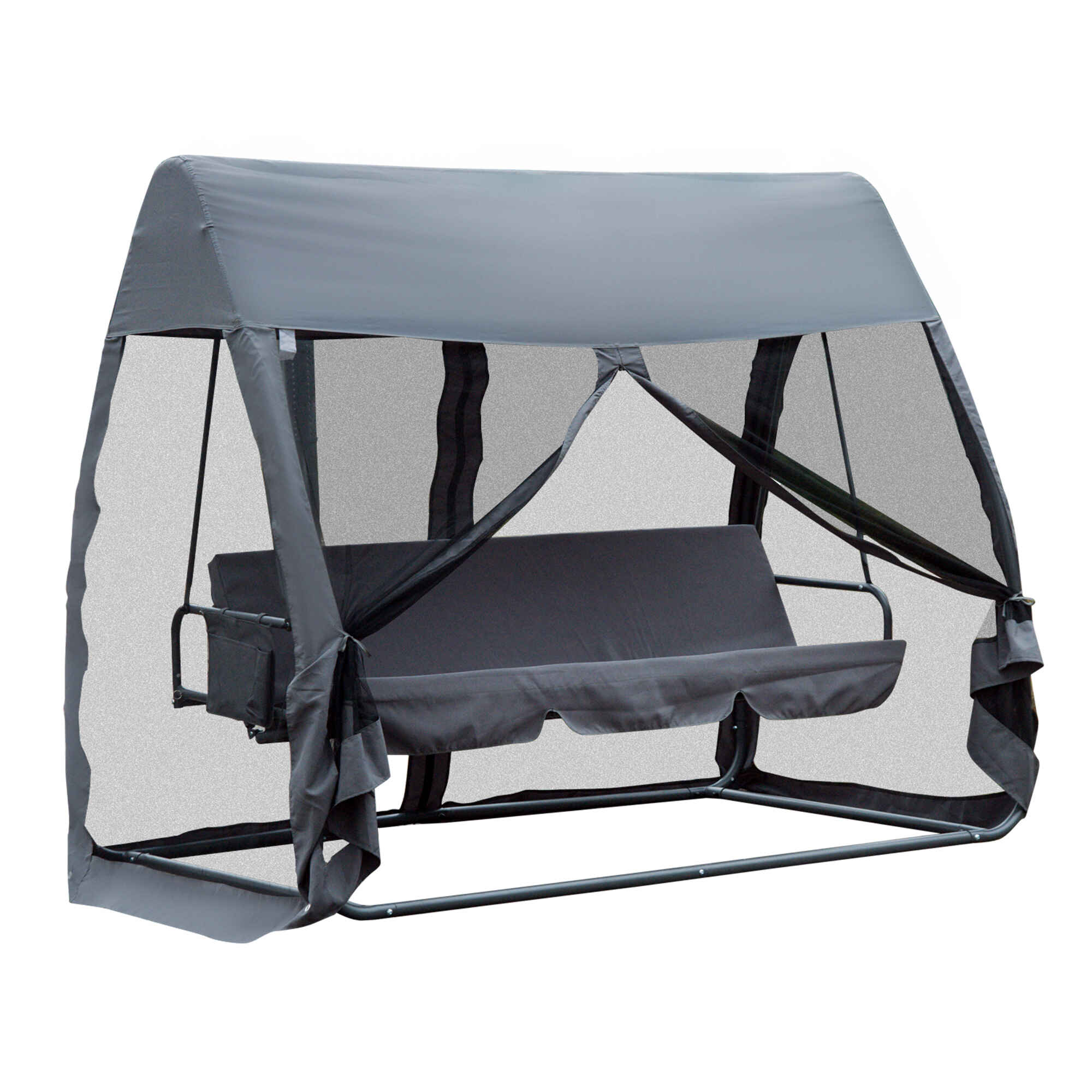 Columpio de Jardín 3 Plazas Convertible en Cama Balancín con Mosquitera de Puertas Espacio de Almacenaje Terraza Balcón Exterior 240x140x197 cm Acero Carga Máx. 300 kg Gris