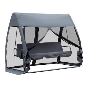 Columpio de Jardín 3 Plazas Convertible en Cama Balancín con Mosquitera de Puertas Espacio de Almacenaje Terraza Balcón Exterior 240x140x197 cm Acero Carga Máx. 300 kg Gris